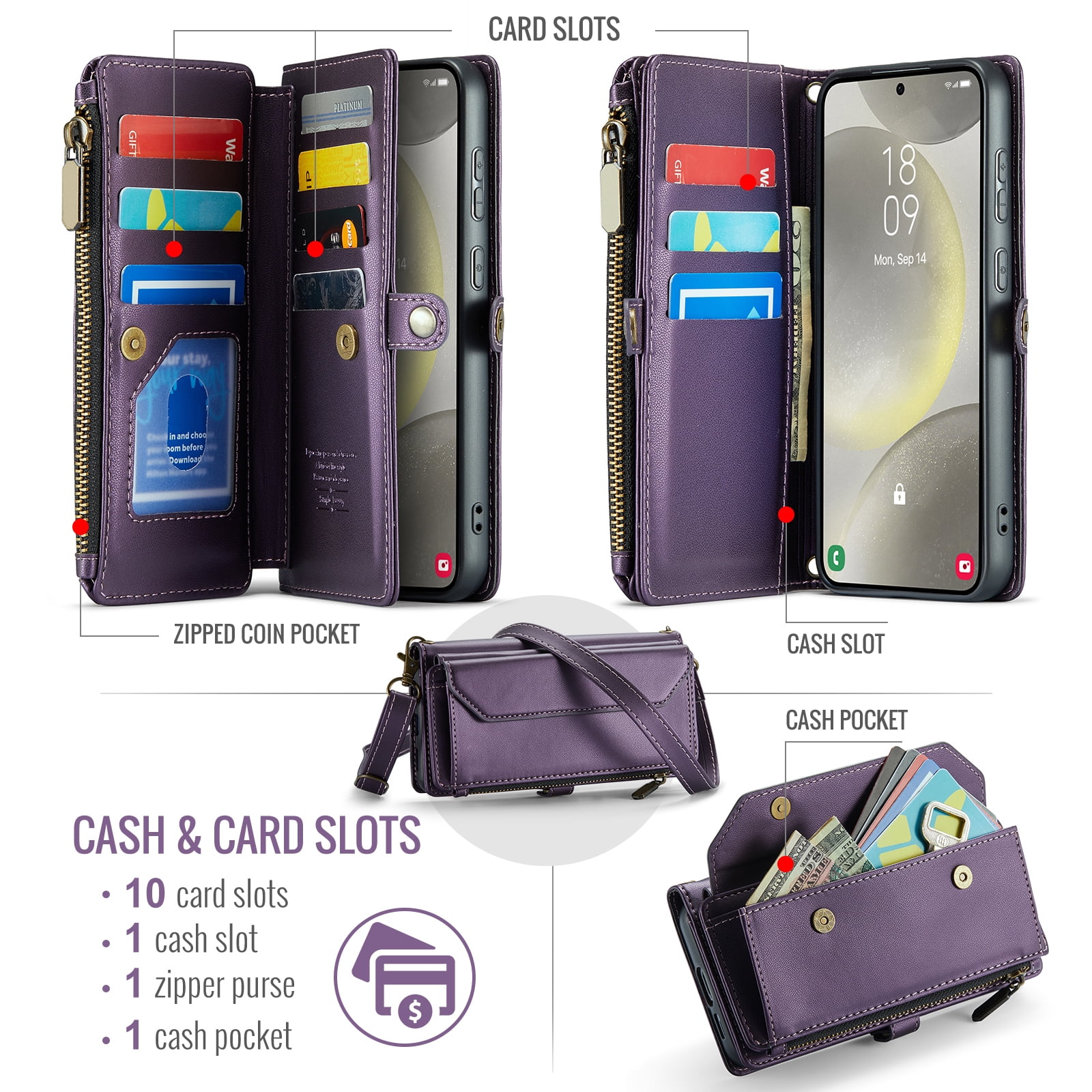 Asuwish Compatible with Samsung Galaxy S24 5G Zipper Wallet Phone Case Tempered Glass Screen Protector Crossbody Lanyard Strap Flip Card Holder Slot Cell Cover for S 24 24S G5 SM-S931U Women Purple