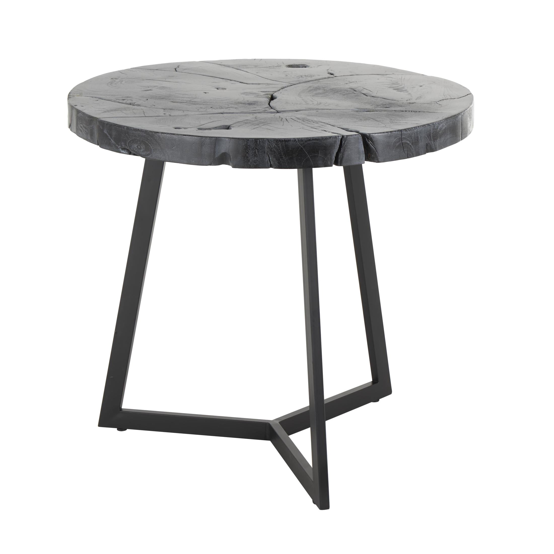DecMode 24" x 22" Black Teak Wood Handmade Live Edge Geometric Accent Table with Black Metal Base, 1-Piece