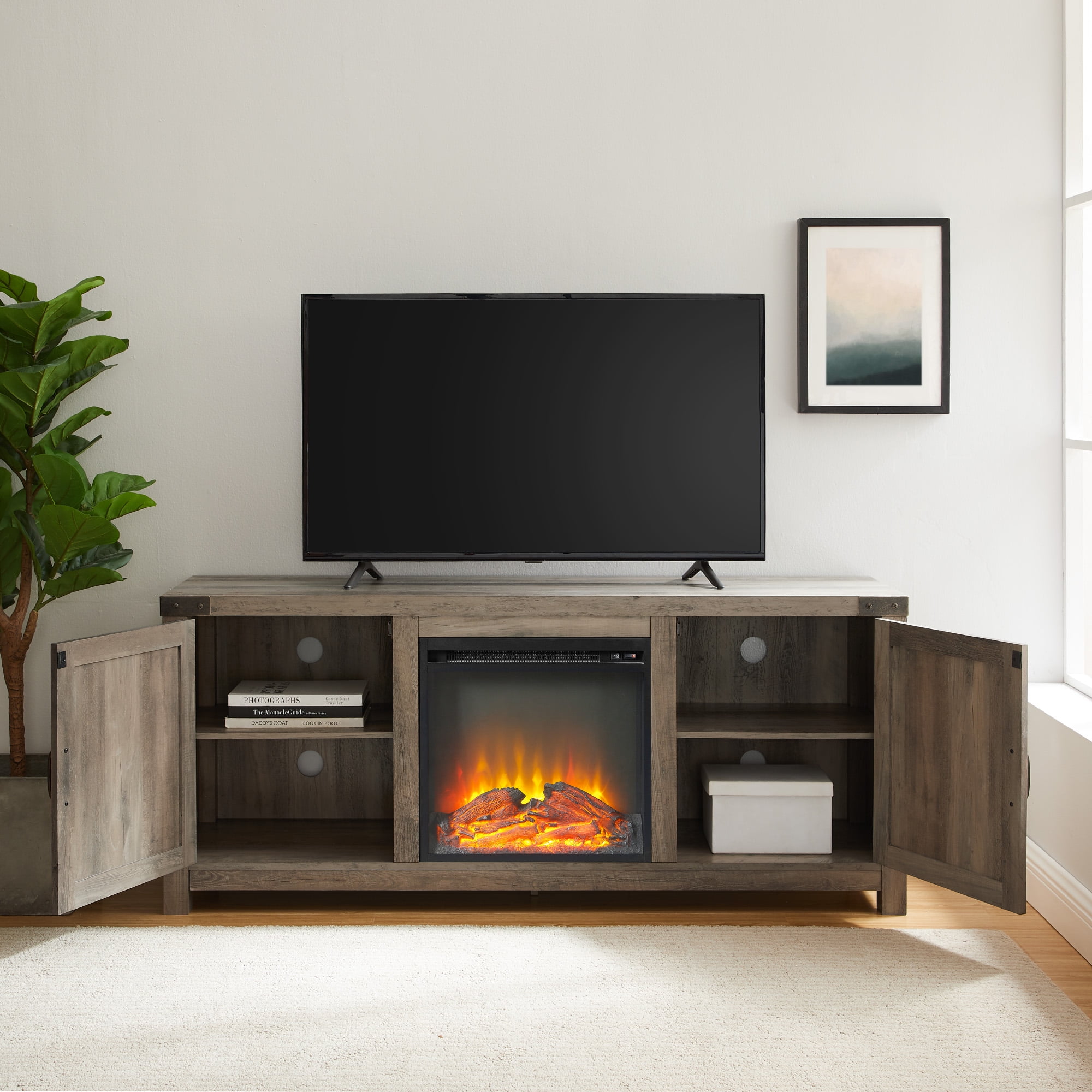 Walker Edison Modern Farmhouse Fireplace TV Stand for TVs up to 65", Grey Wash