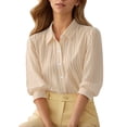 thumbnail image 2 of ClodeEU Women's Striped Collared 3/4 Sleeve Puff Sleeve Button Shirt, Elegant Blouse for Office and Casual Wear Khaki,Women's Plus XXL, 2 of 8