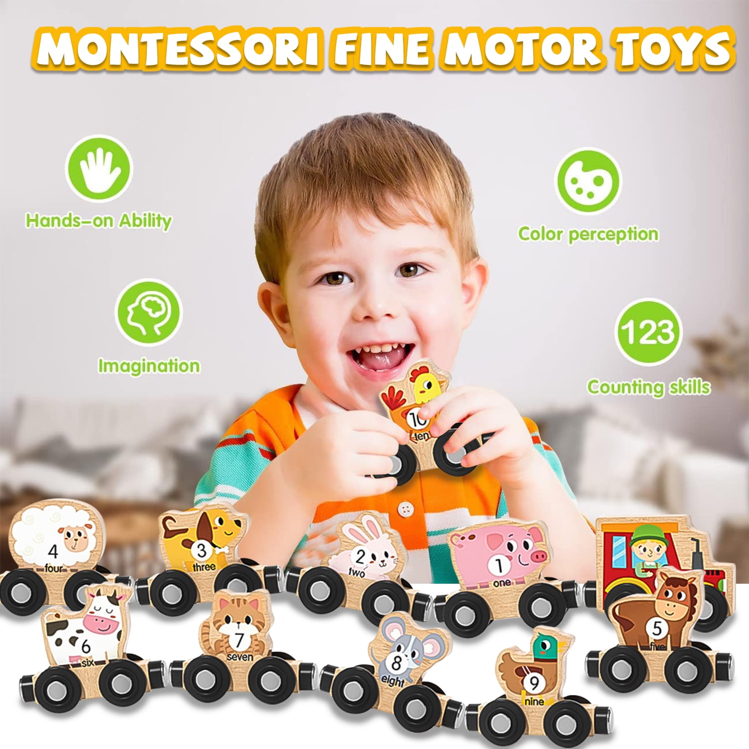 Sytle-Carry Learning Toys for Toddlers 1-3, 11-Piece Magnetic Wooden Animals Train Set, Montessori Toy