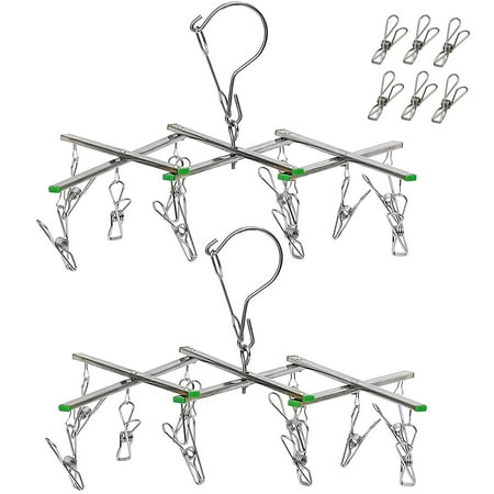 Drip Luandry Hanger, IPOW Stainless Steel Sock Hanger Folding Portable Laundry Clothesline Hanging Rack Space Saving Drip Hanger with 10 Clips & Extra 6 Metal