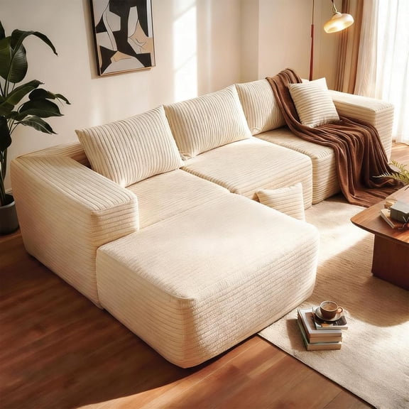 Customized 110" No-Assembly Modular Sectional Sofa, Modern L-Shape Corduroy Convertible Sleeper Couch with Reversible Chaise, 4-Seater Boneless Cloud Sofa for Living Room & Small Spaces, Beige