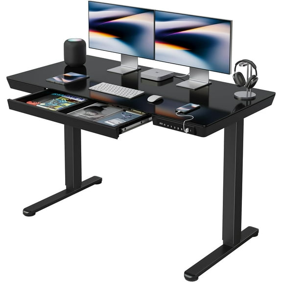 FEZIBO 48 × 24 Electric Standing Desk with Drawers, Whole-Piece Glass Adjustable Height Desk, One-Piece Quick Install Adjustable Sit Stand Desk, Black