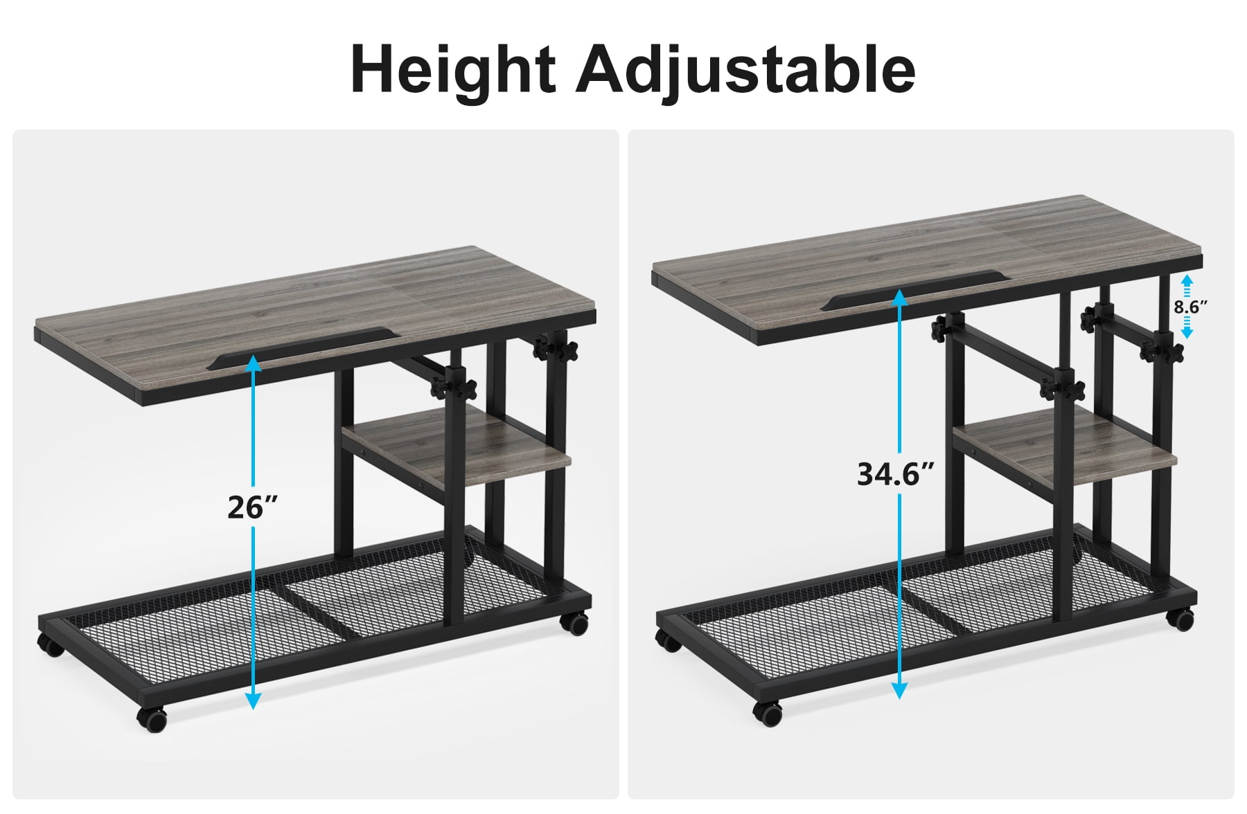 Fnova Mobile Side Table with Wheels, Snack Tray, Height-Adjustable C-Shape Desk, Tiltable Drawing Board, Laptop Stand, Storage Shelves for Living Room, Bedside Table for Couch