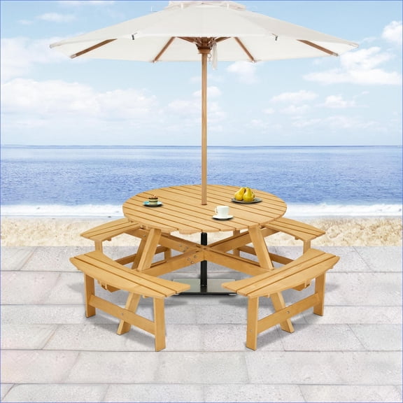 Patio 8-Person Round Picnic Table Set, 4 Built-in Benches, Umbrella Hole, Rustic Natural Wood for Garden Backyard Porch|Natural|Pine