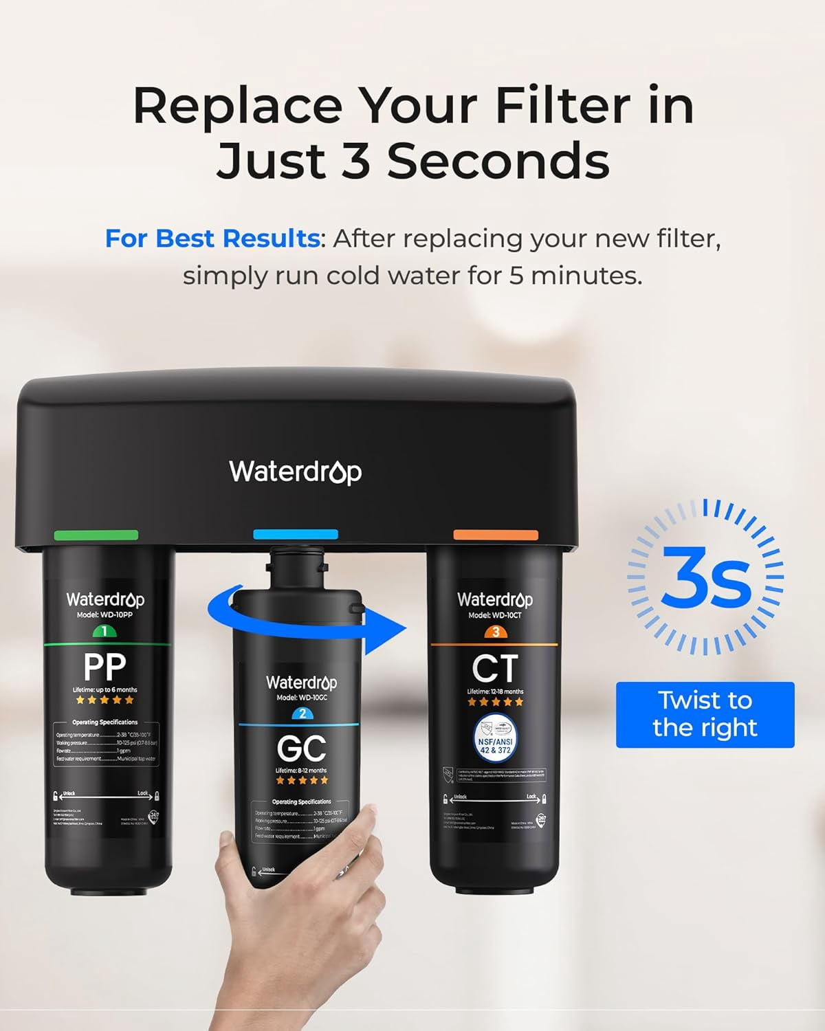 Waterdrop Under Sink Water Filter, Replacement for Waterdrop TSA & TSB &TSB-CM 3-stage Under Sink Water Filter System