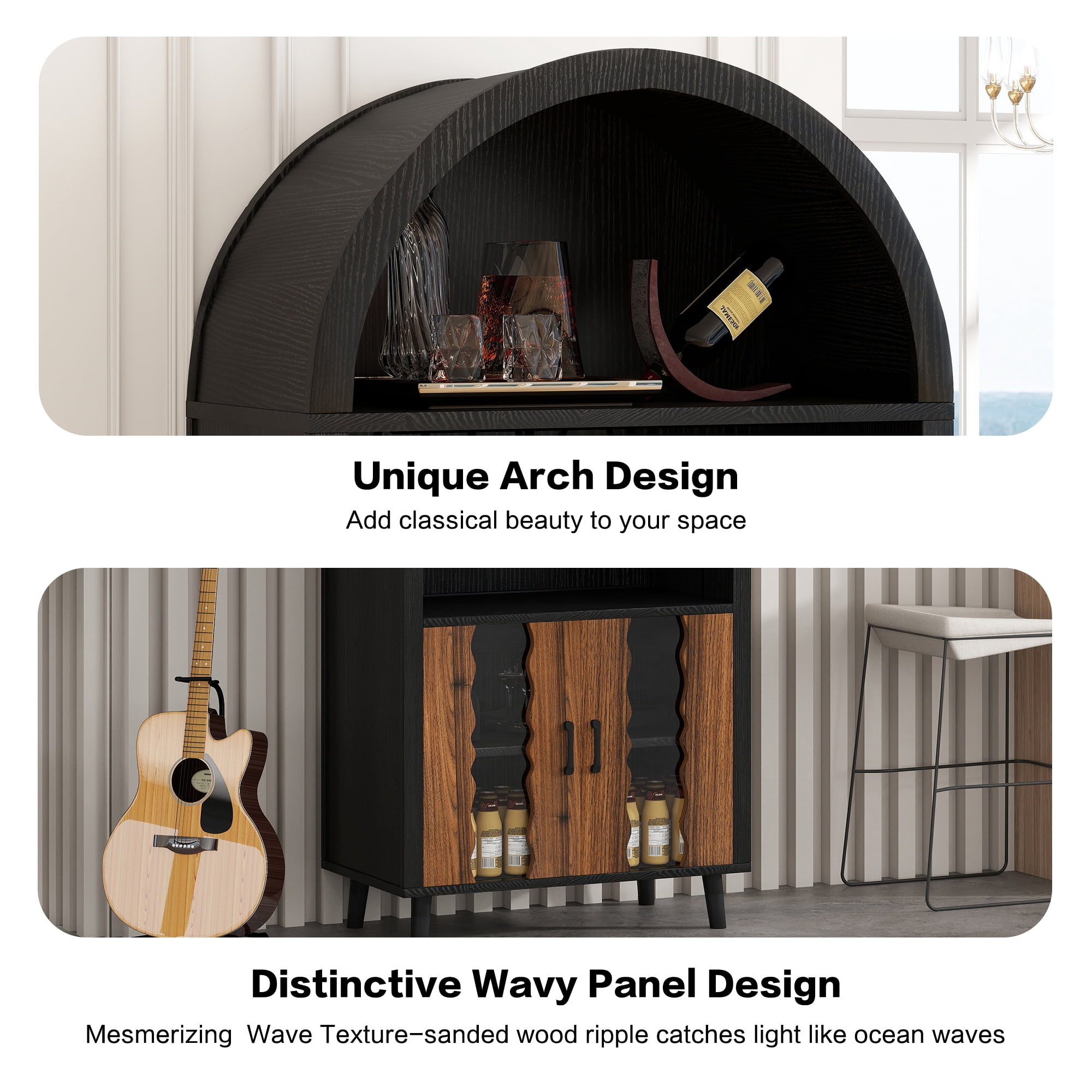 Leumius 71"Farmhouse Arched Bar Cabinet with Wine Rack and Wine Glass Holder, Tall Arched Display Cabinet, Arch Wine Bar Cabinets &Coffee Bar,Liquor Bars Cabinet for Living Dining Room Black+Natural