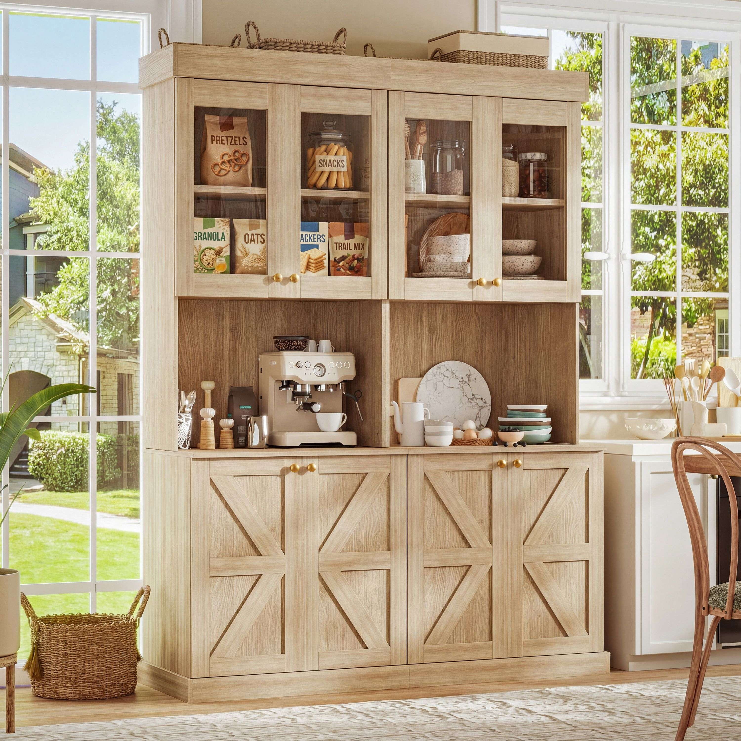 Farmhouse Pantry Cabinet 3-Piece Set, Brown, Glass Doors, Freestanding Microwave Stand, Storage Cabinet