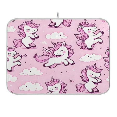 

Dish Drying Mat Kitchen Counter Lively Unicorn and Cloud Dishes Drainer Pad Absorbent Microfiber Reversible 18 x24