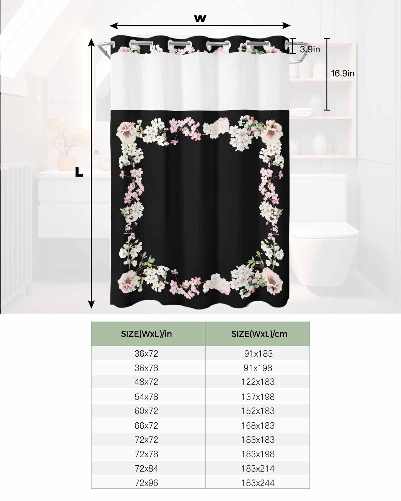 No Hook Shower Curtain with Snap in Liner, Flowers Plant Pink White Floral on Black Hotel Shower Curtains for Bathroom, Washable Shower Curtain Liner Set with Mesh Top Window, 54"x78"