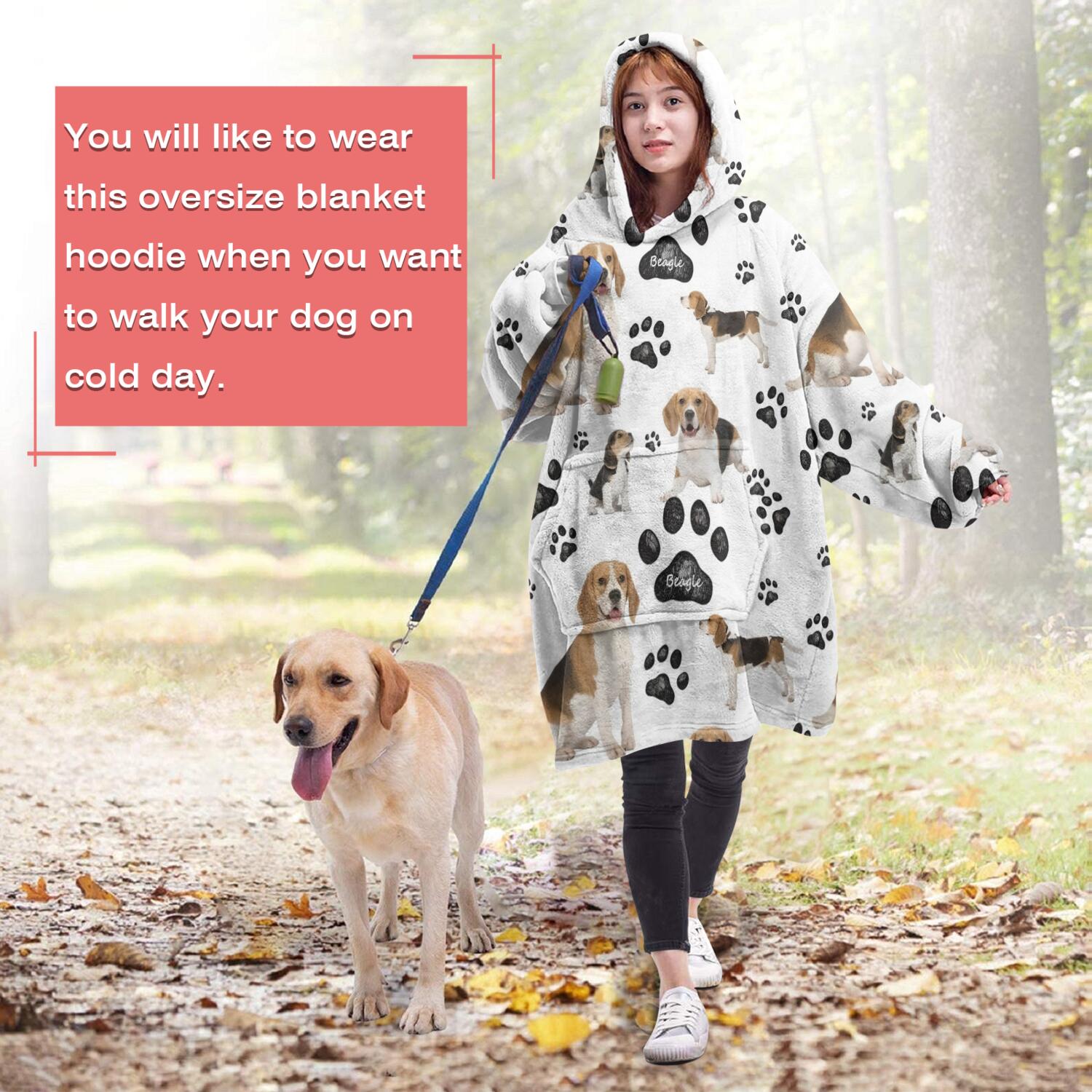 Beagle Dog and Footprints Wearable Oversized Blanket,Wearable Blanket Hoodie for Adults,Cozy Hooded Blankets with Super Pockets,Super Warm Fuzzy Pullover for Women & Men