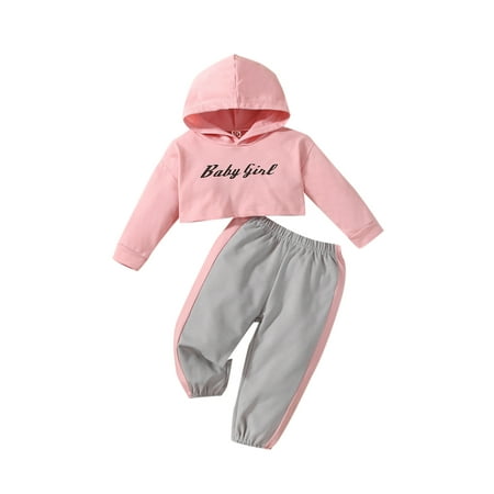

Calsunbaby Newborn Baby Girls 2Pcs Outfits Letter Print Long Sleeve Navel Hooded Pullover + Elastic Waist Trousers Pink 0-6 Months