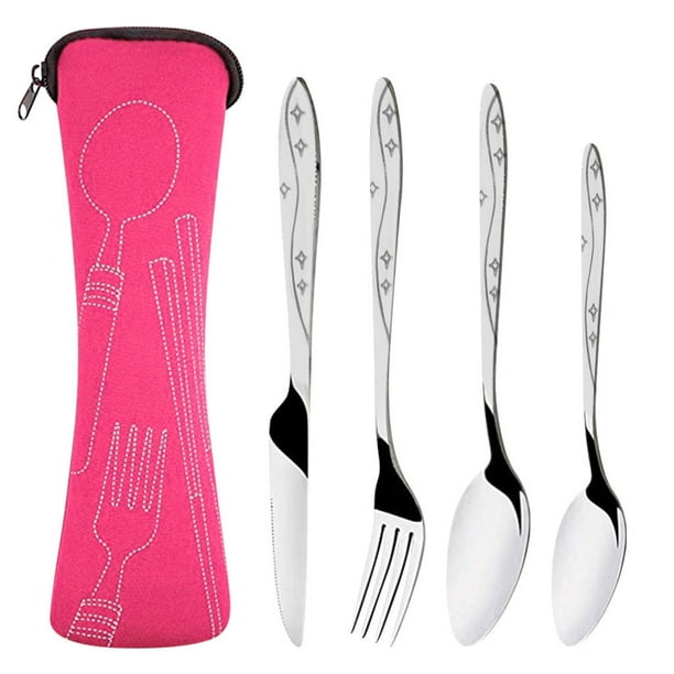 4 Piezas de Cuchillos, Tenedores y Cucharas de Acero Inoxidable para Viajes Familiares y Camping.