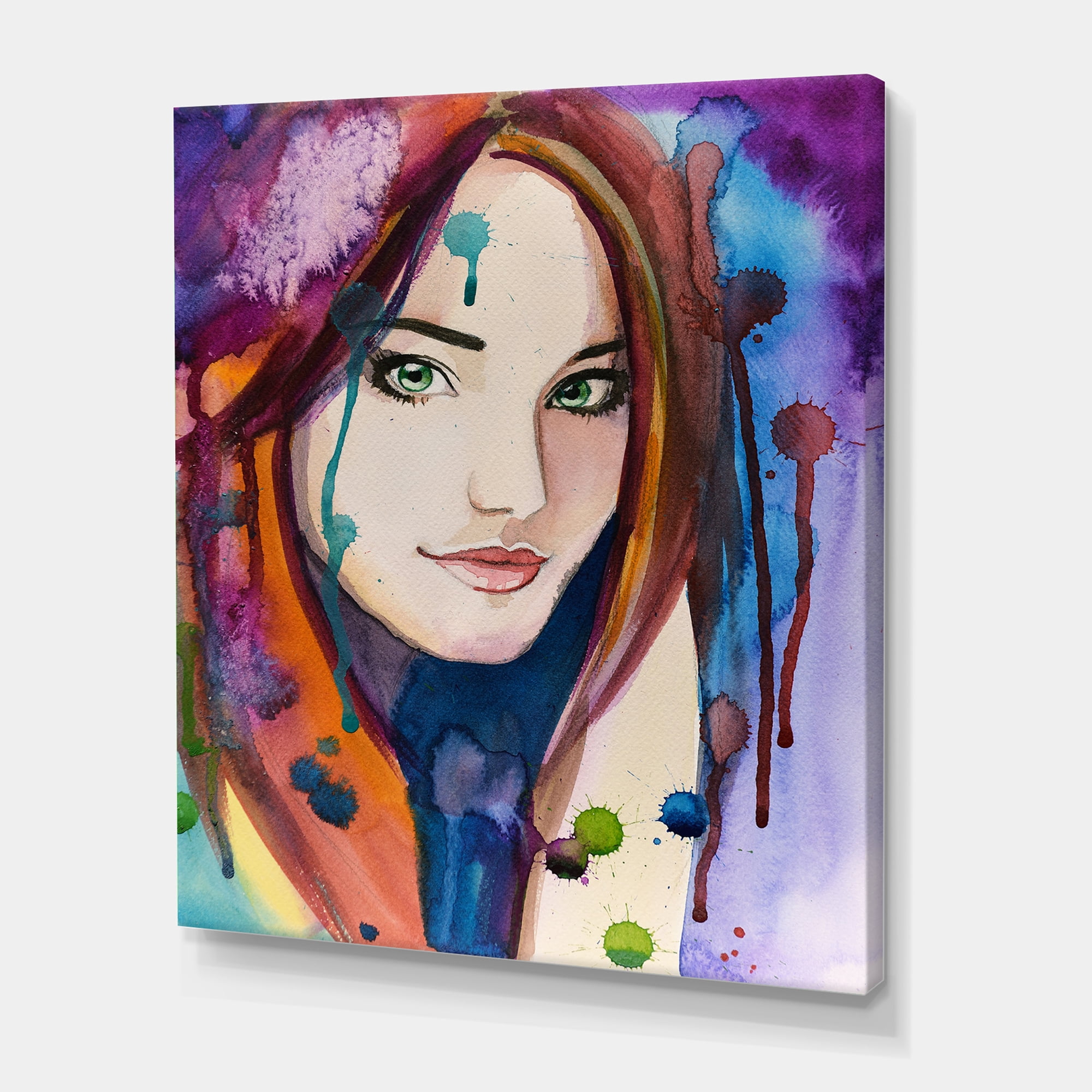 Designart ' Colorful Portrait Of Green Eyes Young Woman ' Traditional Canvas Wall Art Print
