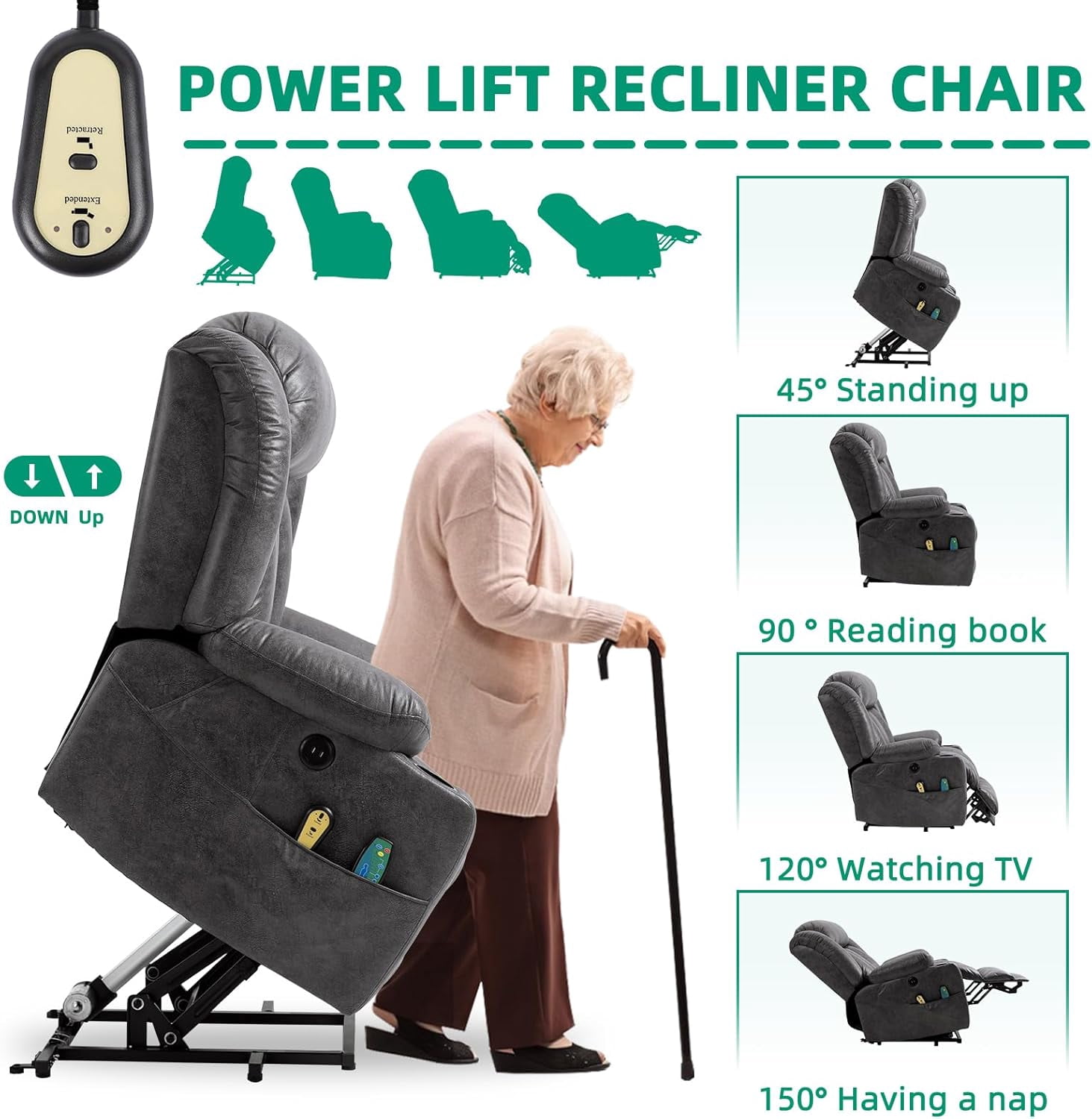 VIVIJASON Tall Man Large Power Lift Recliner Chair with Heat and Massage for Elderly, Overstuffed Wide Electric Lift Recliner with 2 Cup Holder, Extended Footrest, Side Pockets & USB Ports (Grey)