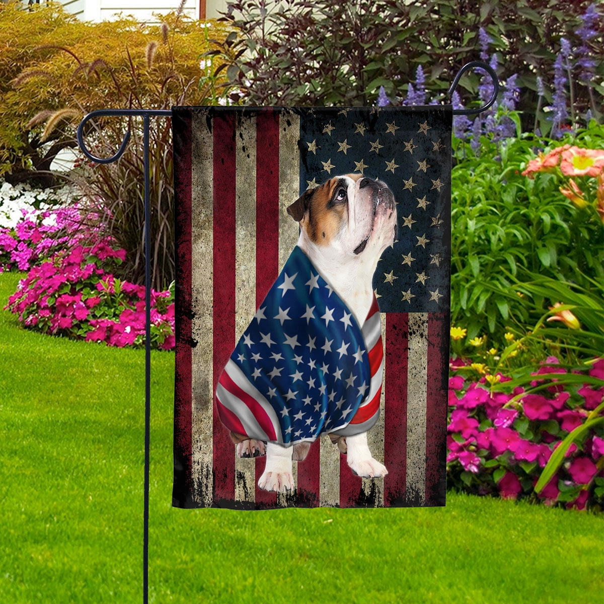 American Flag with Bulldog Dog stand under the cross Patriot Patriotic 4th of july Garden Flag, Double-Sided Decorative Outdoor Flag, Patriotic Polyester Yard Flag 12 x 18 in
