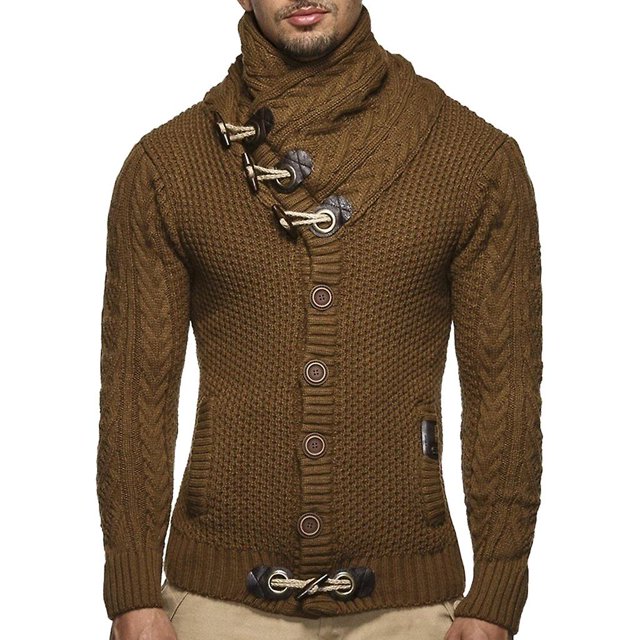 Suéter de cuello alto de invierno para hombre, de color sólido, botón de punto hacia abajo, delgado C Feliz Sencillez