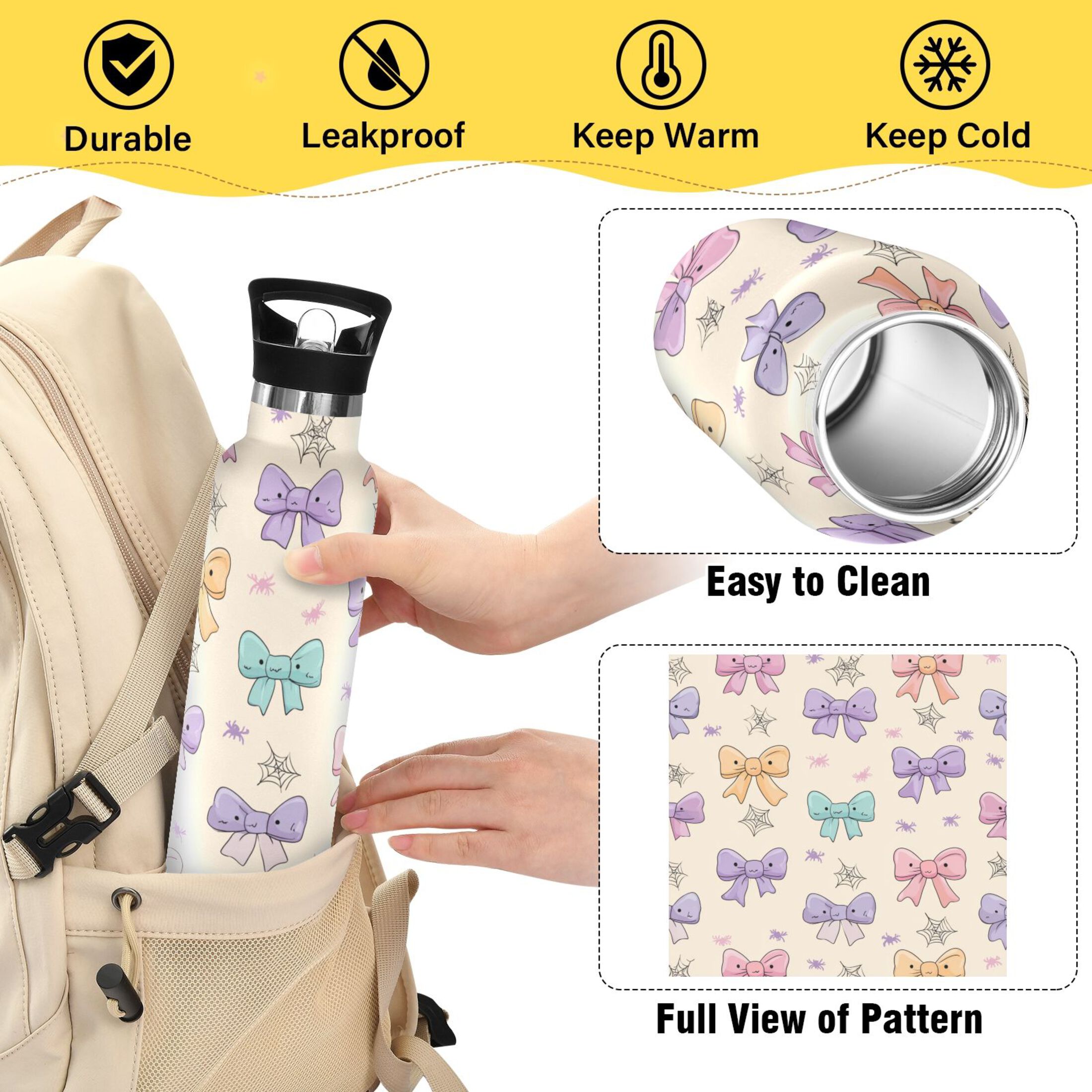 Kids Insulated Stainless Steel Sports Water Bottle 600ml (20oz) Colorful Bow Pattern