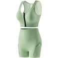 thumbnail image 3 of PNTUTB Women's Solid-Color Sports Set,Front-Zip Sports Bra and High-Waisted High Elasticity Shorts Casual Openwork Design Breathable Two-Piece Set, 3 of 5