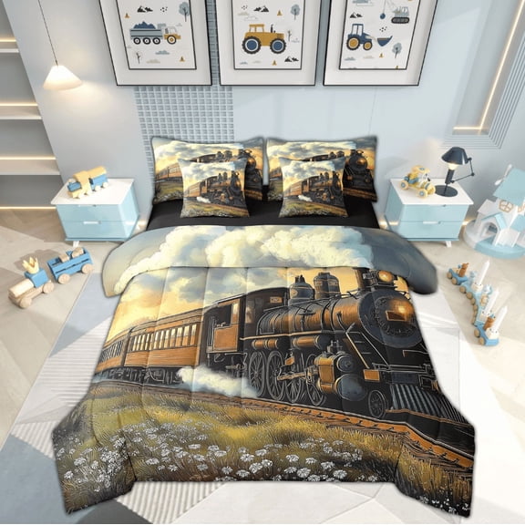Erosebridal Oil Painting Bedding Full Size 7pcs, Vintage Train Comforter Sets with Sheets, Daisy Floral Decor, Reversible