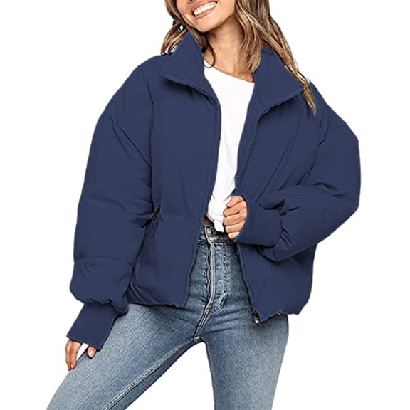 Women's Winter Long Sleeve Zipper Padded Pocket Loose Short Coat