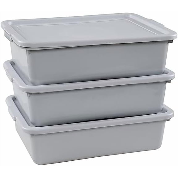 3-Pack 13 L Commercial Bus Tub Box, Plastic Restaurant Bus Tubs with Lids, Grey$$Storage