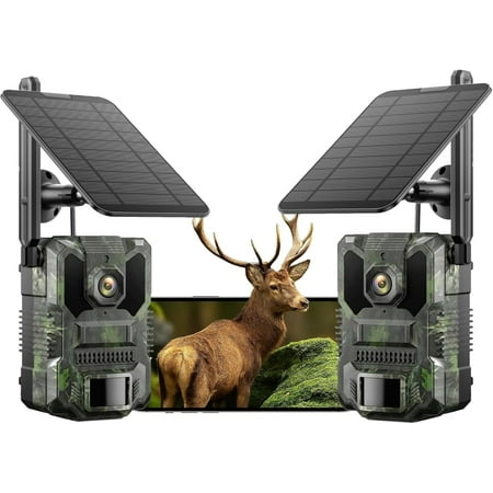 CAMPARK 2 Pack 4G Cellular Trail Camera 2.5k Live Feed Solar Powered Game Cameras with Motion Activated Night Vision Built-in SIM Card No WiFi Needed for Outdoor/Surveillance