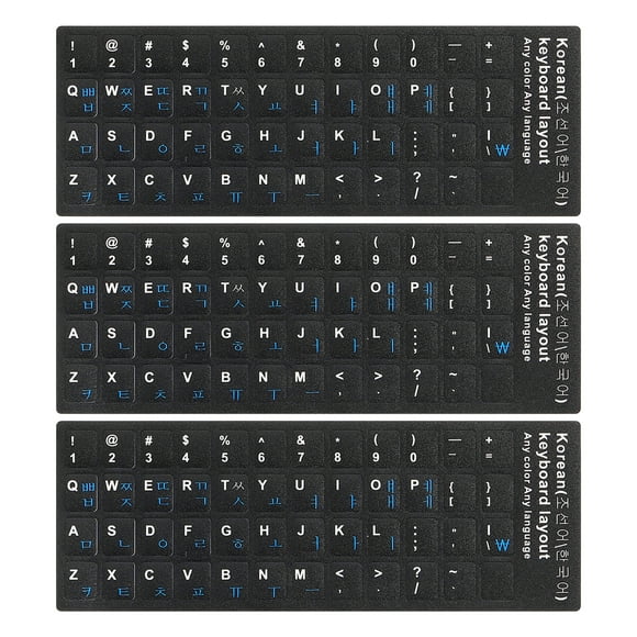 Etiquetas de teclado coreano, etiquetas de teclado para PC, fondo negro con letras en azul y blanco, 3 piezas