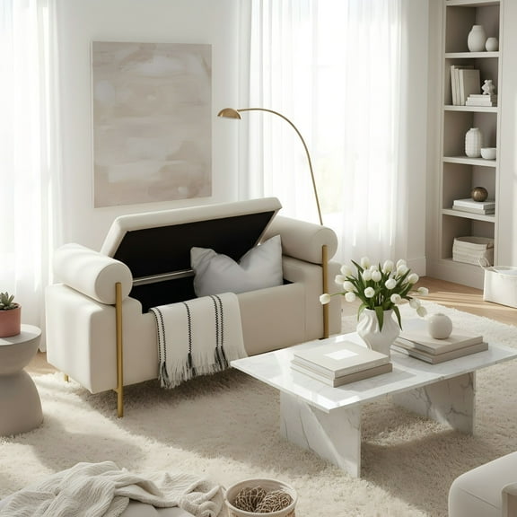 Gewnee Multifunctional Storage Bench - Soft Linen Cushion, Sturdy Iron Legs, Beige - Ideal for Window Seats & Ottomans