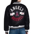 thumbnail image 3 of Women's Starter  Black Los Angeles Angels Printed Logo Cropped Satin Varsity Full-Snap Jacket, 3 of 3