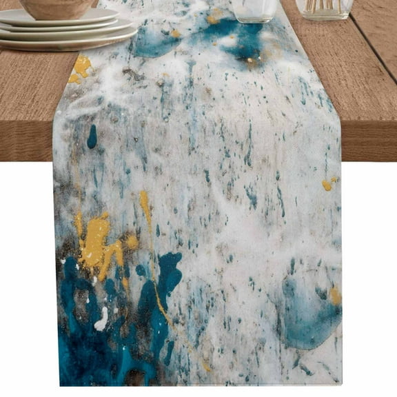 Abstract Blue Yellow on Retro Table Runner-70 Inch Long Watercolor Oil Painting Art Table Runners Linen Burlap Tablerunner for Kitchen Dining Room Holiday Party