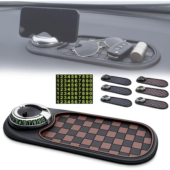 4-in-1 Multi-Functional Support Anti-Slip Pad, 360° Rotating Car Phone Holder Pad with Temporary Parking Number Plate, All-in-One Dash Storage Organizer Accessories for Keys, Sunglasses (#A)