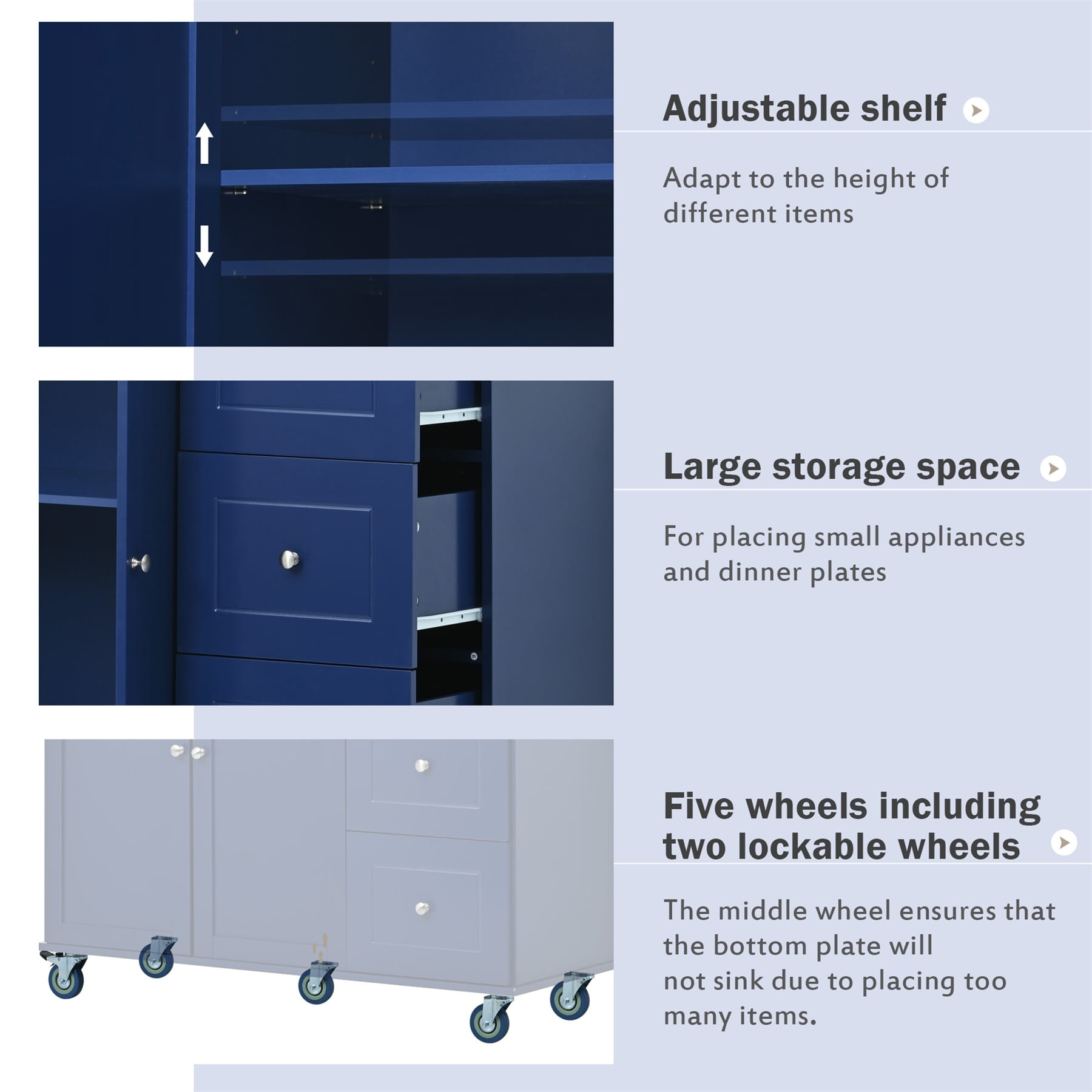 Alvantor 53'' Kitchen Island Carts, Mobile Buffet Cabinet with Drop Leaf, Spice Rack and Towel Rack for Dining Room Living Room Blue