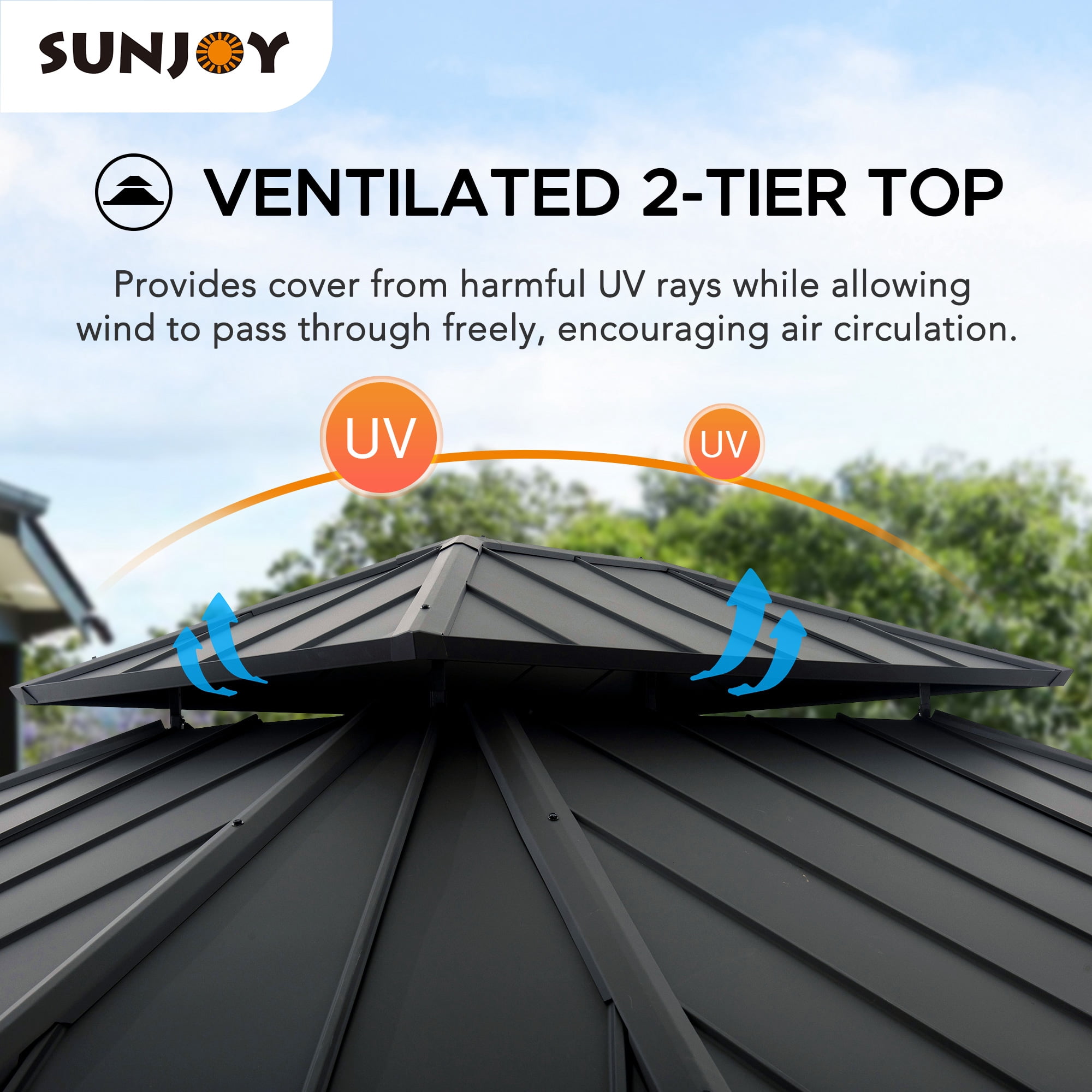 Sunjoy 11 x 13 ft. Hardtop Gazebo Outdoor 2-Tier Steel Hardtop Metal Gazebo with Dual Rails and Ceiling Hook, Suitable for Patio & Backyard, Grey