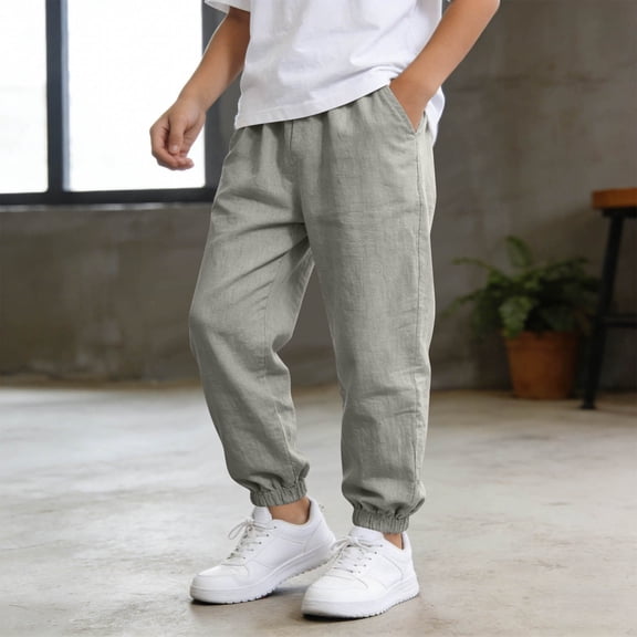 YWIYIUD Girls Boys Cotton Linen Sweatpants High Waisted Elastic Waist Pants Casual Summer Elastic Waist Solid Beach Pant Athletic Hiking Outdoor Vacation Summer Beach Trousers Grey 5-6 Years