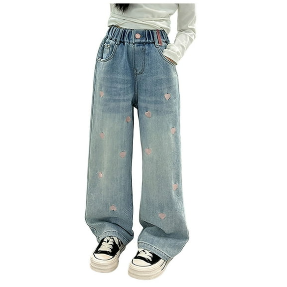 Gibobby Big Girls Bootcut Denim Pants Kids Girls Casual Baggy Wide Leg Denim Pants Elastic Waist Casual Jeans(Blue,10-11 Years)
