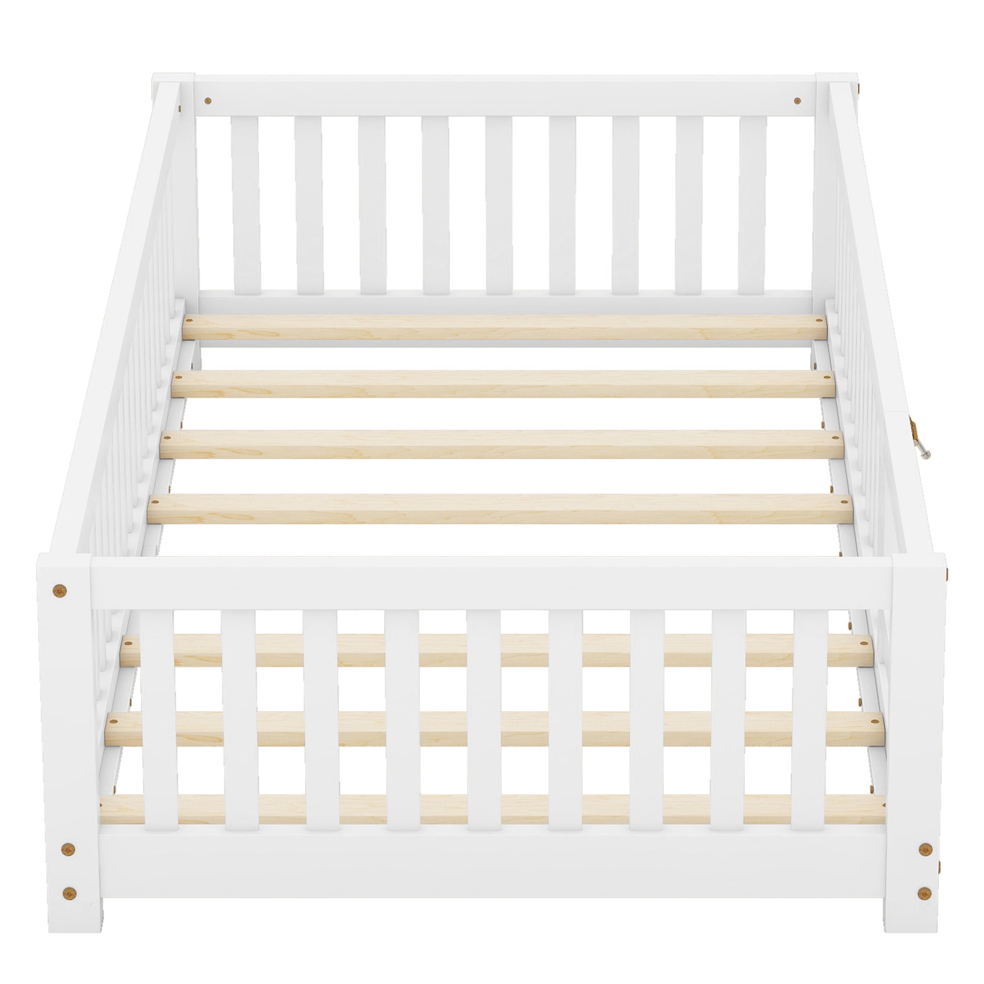 Twin Floor Bed, Wood Twin Size Montessori Bed with Rails, Twin Bed Frame with Slats, No Box Spring Needed,White
