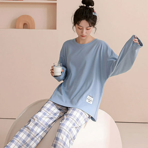 Cqxid525 Summer Clothing Women Pajama Sets Fall Sets for Women Casual Crewneck Plaid Pajama Tops Loose 2 Loungewear Wide Leg Pants with Pocket Sleepwear Pjs Sets Lounge Set