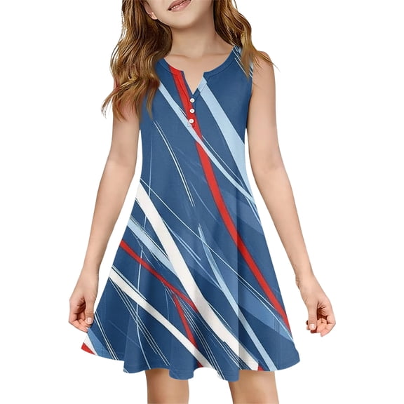 Abcomgle 4th Of July Dress for Toddler Girls Red White and Blue Striped Printed Patriotic Dresses V-Neck A-Line Sleeveless Midi Dress Cute Swing Independence Day Skirt with Pockets for 4-14t Kids