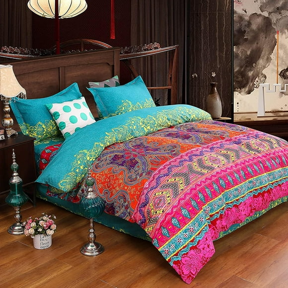 Set Of 4 Pieces Boho/indian Style Bedding Set 220x240cm With 2 Pillowcases 48x75cm And 1 Bed Sheet 250x270cm, 100% Cotton Bed Linen, Bohemian Adult Du