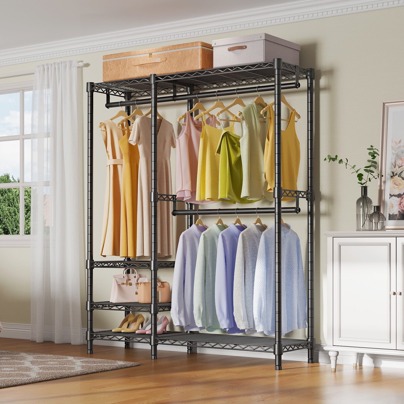 VIPEK V2i Heavy Duty Garment Rack, 700LB Capacity Portable Closet System with 4 Adjustable Shelves & 2 Hanging Rods, Freestanding Wardrobe,Black