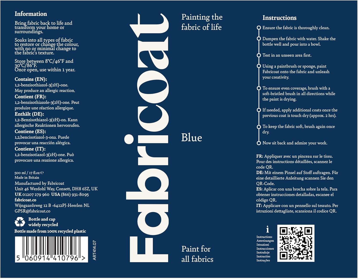 Fabricoat - Fabric Paint for Furniture - 17oz / 500ml Blue - Restore or Change the Color of Couches, Chairs, Upholstery, Soft Furnishings, Car Interiors, Clothing, & Footwear