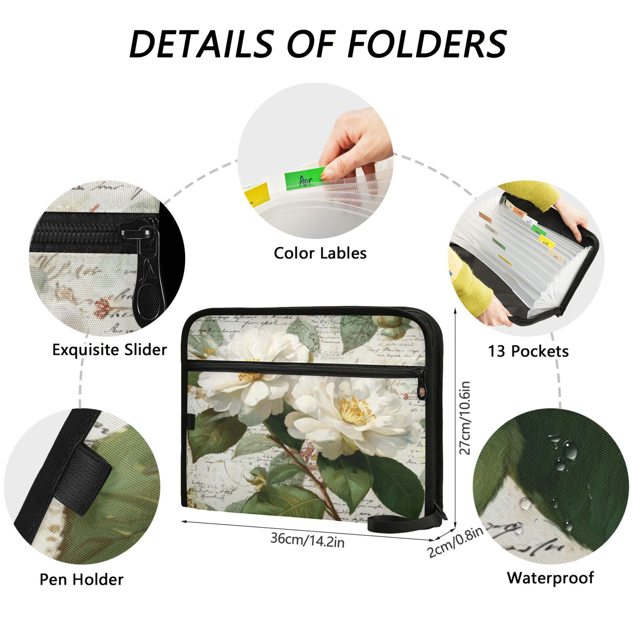 Accordion File Organizer with Zip Closure 13 Pockets Expanding File Folder Letter A4 Paper Document Organizer for Home Office Vintage White Camellias