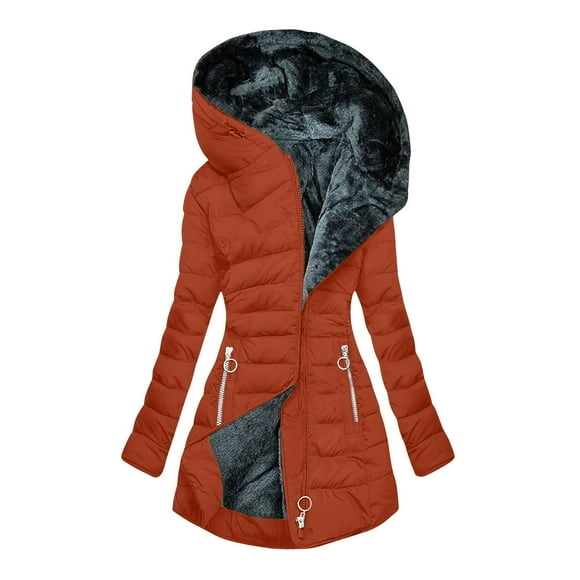 yoeyez Womens Warm Winter Puffer Coats 2025 Trendy Hooded Jackets Thicken Down Coat With Hood Fur Lightweight Red XXL