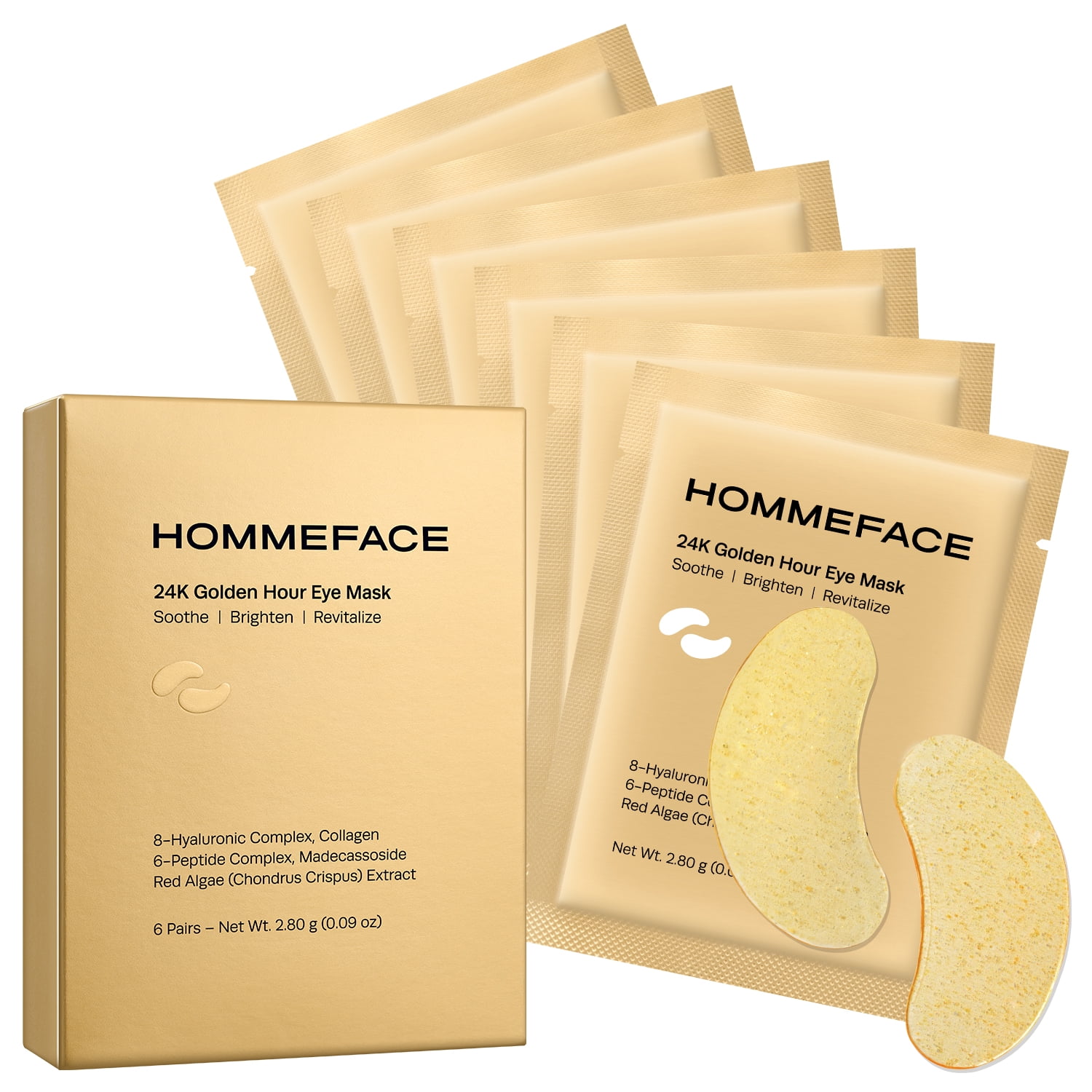 HOMMEFACE 24K Golden Hour Eye Mask Set, Korean Under Eye Gel Patch with Collagen, Peptides & Pure Gold for Dark Circles, Puffiness & Wrinkles, 6ct