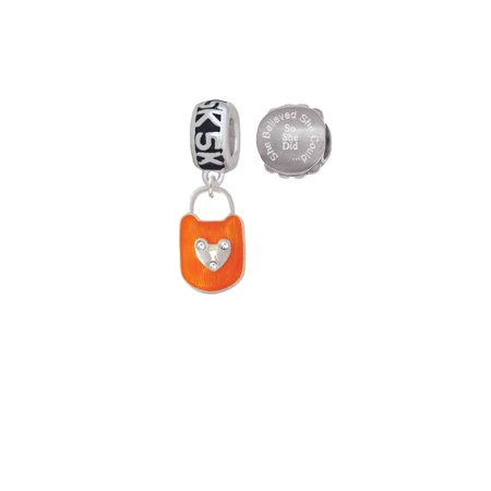 Hot Orange Enamel Lock - Hot Orange Enamel Lock with Clear Crystals 5K Run She Believed She Could Charm Beads (Set of 2)