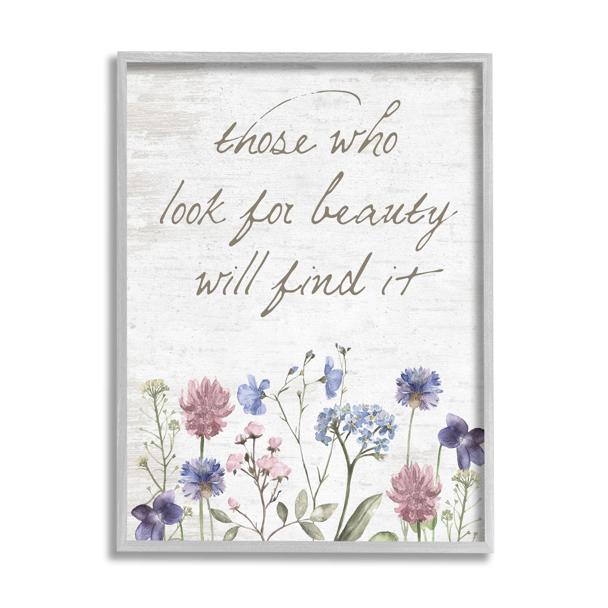 Stupell Industries Look For Beauty Inspiring Flower Blossom Calligraphy Graphic Art Gray Framed Art Print Wall Art, Design by Lettered and Lined