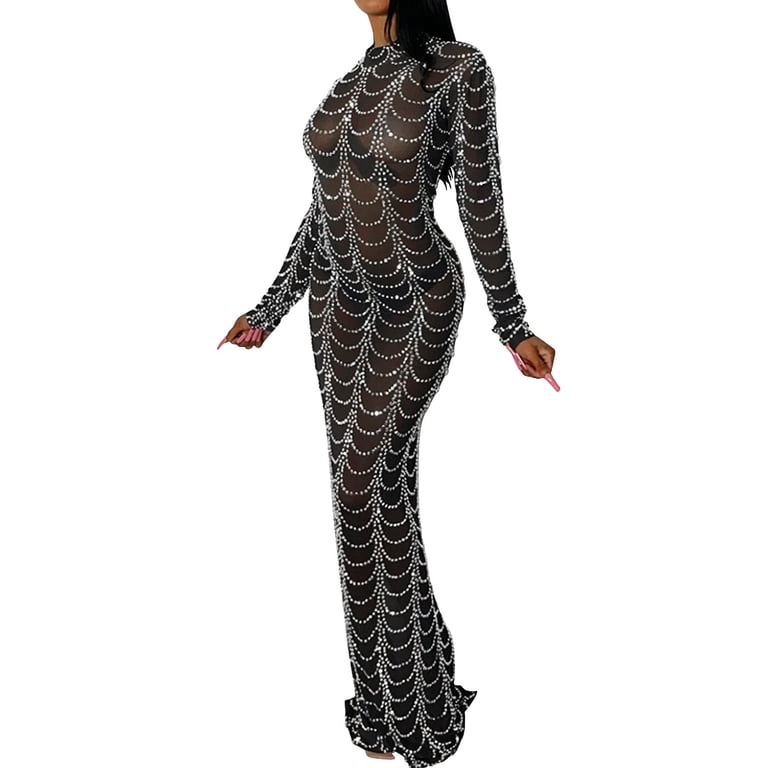 2DXuixsh Young Ladies Dresses Women's Elegant Fancy Long Gown Transparent  Hollow Out Slim Fit Evening Dress Rhinestone Mesh Trendy Long Sleeve Dress  Lady Mini Dress Polyester Black Xl - Walmart.com