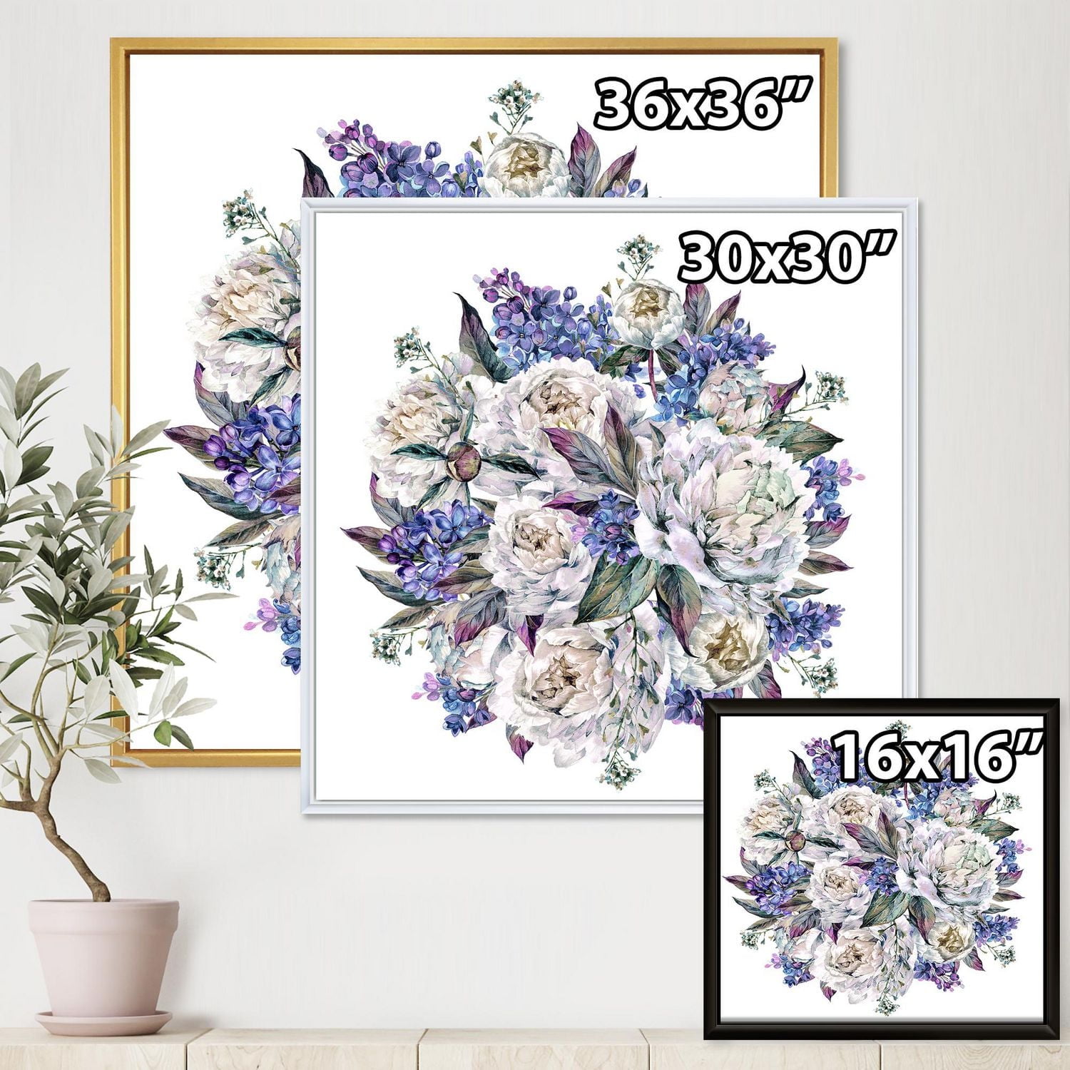 Designart Bouquet Pivoines En Blanc Et Bleu ART MURAL À CADRE FLOTTÉ
